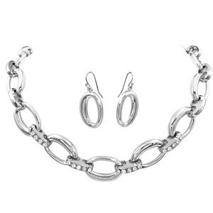Chunky Silver Chain Clear Rhinestone Necklace & Earrings Set